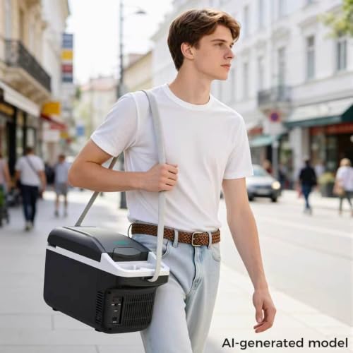 Image of Electric Cooler, 8 Liter /11 Cans Type-C Mini Fridge with Belt (Black) | Power Bank Supported Portable Car Refrigerator, Dual-use Car Fridge for Picnic, Travel, Outdoor, Camping, Home, Gift