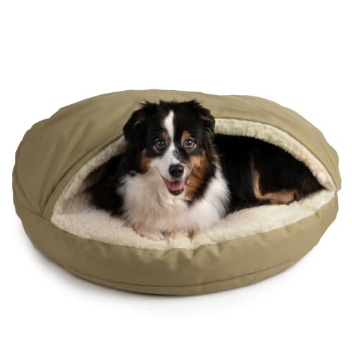Image of Snoozer Cozy Cave Dog Bed - Indoor Dog Bed with Cover Cave, Covered Calming Burrow for Small & Medium Sized Pets with Blanket Attached, Enclosed, Removable Washable Cover - Large, Khaki