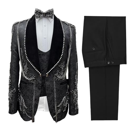 Handmade Heavy Couture Suit Set, Men's Suit 3 Piece Beaded & Crystal Jacquard White Tuxedo for Wedding, Prom