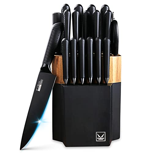Knife Set, 18 Pieces Black Kitchen Knife Set with Wooden Block, Non