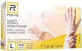 100 Guanti in VINILE RMOVE NUOVO MODELLO senza polvere, senza lattice, ipoallergenici, certificati CE monouso trasparenti (L)