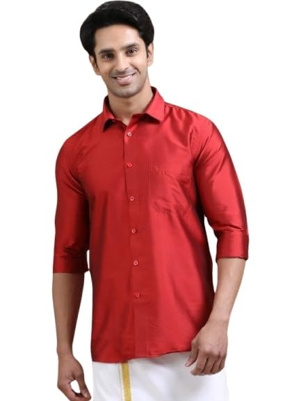 Image of Tattva Men Silk Blend Ethnic Shirt | Traditional South Indian Wear for Wedding, Festivals & Casual Wear