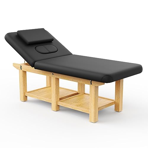 Wood Wide Stationary Massage Table for Treatment Table Physical Therapy Table Spa Facial Bed, PU Leather 31.5'' Wide 75'' Long Heavy Duty Professional Stationary Massage Bed - Black, 6-Legged