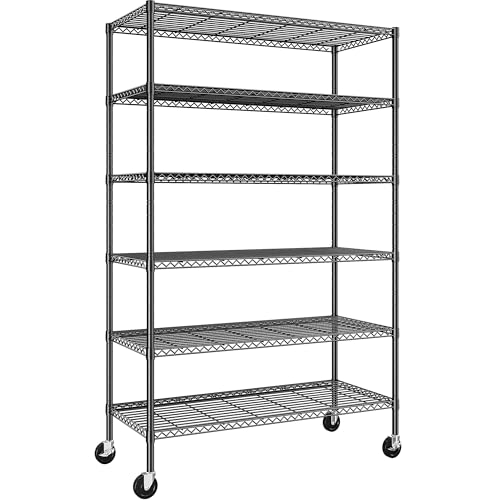 82-H-X45-W-X18-D-Storage-Shelves-with-Wheels-6-Tier-Wire-Shelving-Adjustable-Metal-Shelving-Pantry-Shelves-Capacity-1200LBS-for-Garage-Shelving-Pantry-Kitchen-Closet-Commercial-Black 82" H X45 W X18 D Storage Shelves with Wheels, 6 Tier Wire Shelving Adjustable Metal Shelving Pantry Shelves Capacity 1200LBS for Garage Shelving, Pantry, Kitchen, Closet, Commercial, Black - Image 1