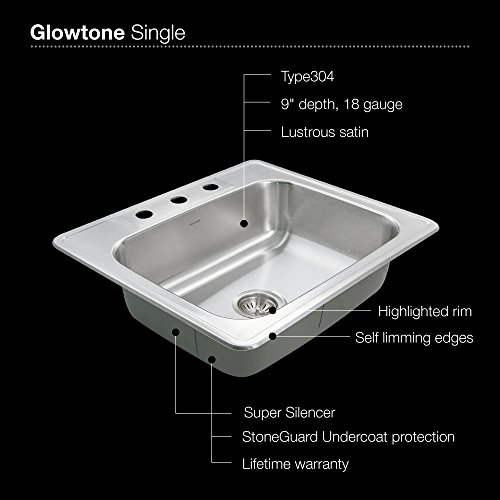 Houzer 2522-9BS3-1 Glowtone Series Topmount Stainless Steel 3-hole Single Bowl Kitchen Sink, 9-Inch Deep - Thumbnail 3
