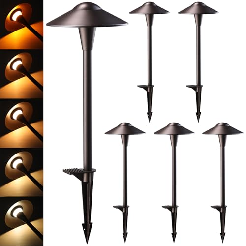 LEONLITE Update 5CCT Low Voltage Pathway Lights, LED Landscape Path Lights, 1800/2700/3000/4000/5000K, Saucer Head, 12-24V AC/DC, IP65 Outdoor Walkway Light, Oil Rubbed Bronze Aluminum, Pack of 6