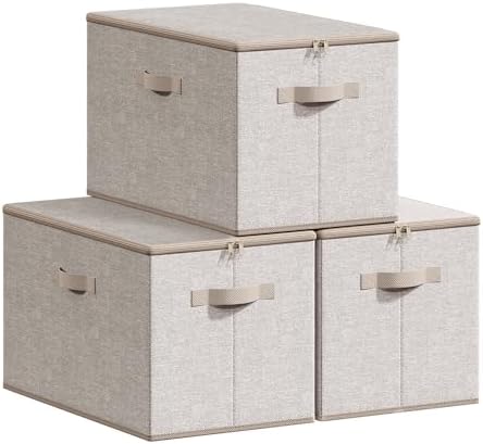 SONGMICS Aufbewahrungsbox mit Deckel, 3er Set, faltbare Stoffbox | Aufbewahrung für Kleidung, 50 x 30 x 30 cm, Vliesstoff, mit Griffen, beige, TINA Kollektion RZB050LZ04