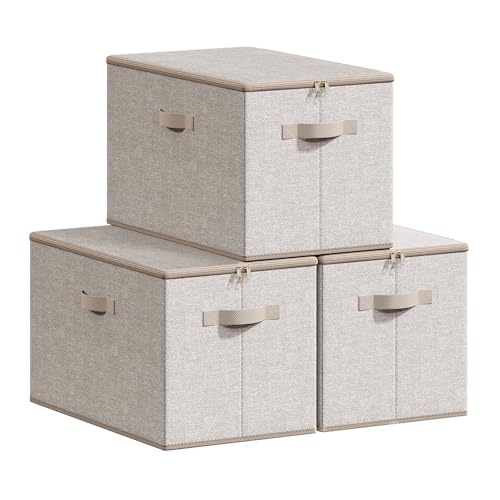 SONGMICS Aufbewahrungsbox mit Deckel, 3er Set, faltbare Stoffbox