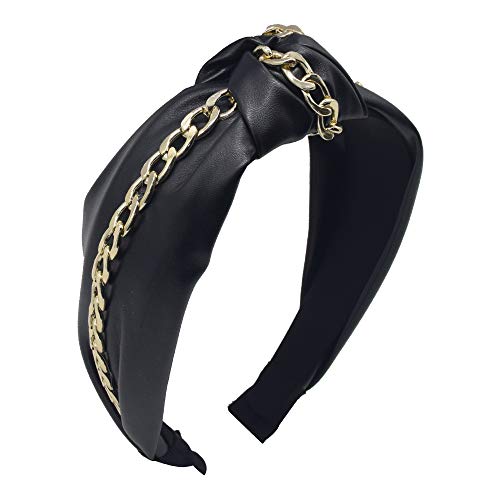 MHDGG Headbands for Women,1Pcs PU Chain Wide Headbands Knot Turban Headband Vintage Hairband Elastic Hair Hoops Fashion Hair Accessories for Women and Girls,Black