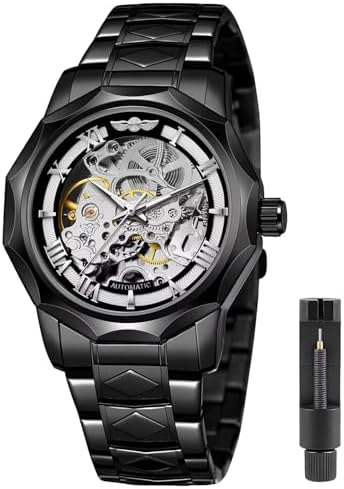 Tiong Mens Watch Luxury Skeleton Mechanical Stainless Steel Waterproof Black Automatic Self-Winding Wrist Watches for Men