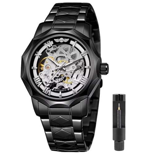 Tiong Mens Watch Luxury Skeleton Mechanical Stainless Steel Waterproof Black Automatic Self-Winding Wrist Watches for Men