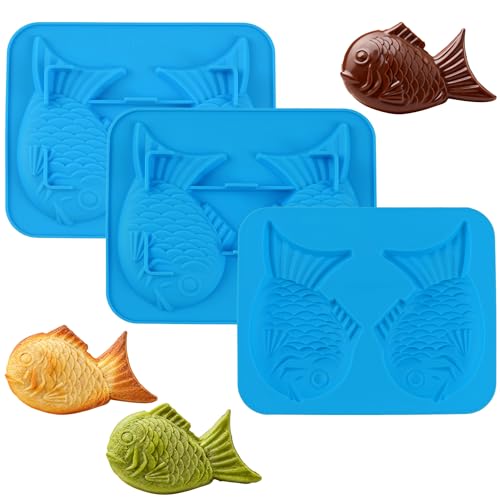 Sidosir 3Pcs Taiyaki Cake Silicone Molds，Fish-shaped Baking Mold for a Non-stick Taiyaki Maker， Taiyaki with Red Bean Paste Filling for Making Waffle, Cake, Chocolate and Waffle