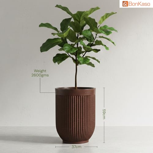 Image of Bonkaso 24 Inch Burj Khalifa Ribbed Planter for Indoor & Outdoor Use | Round Heavy Duty Polymer Flower Pot | Lightweight Weather Resistant Modern Gamla for Living Room Balcony & Terrace (Brown)