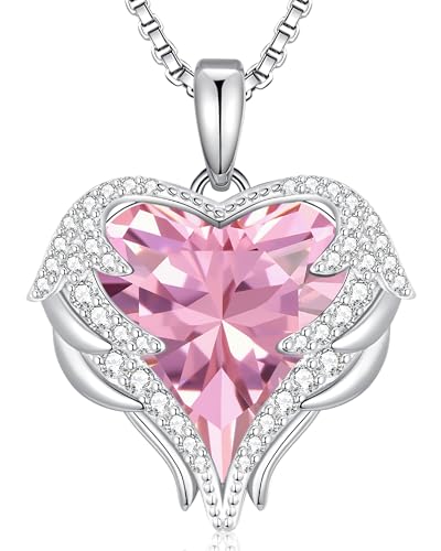 CDE Valentines Day Gifts for Women Angel Wings Necklaces for Women, Love Heart Silver Tone/Gold Tone Pendant with Birthstone, Wedding or Birthday Jewelry Gifts for Mom Wife Girlfriend Her