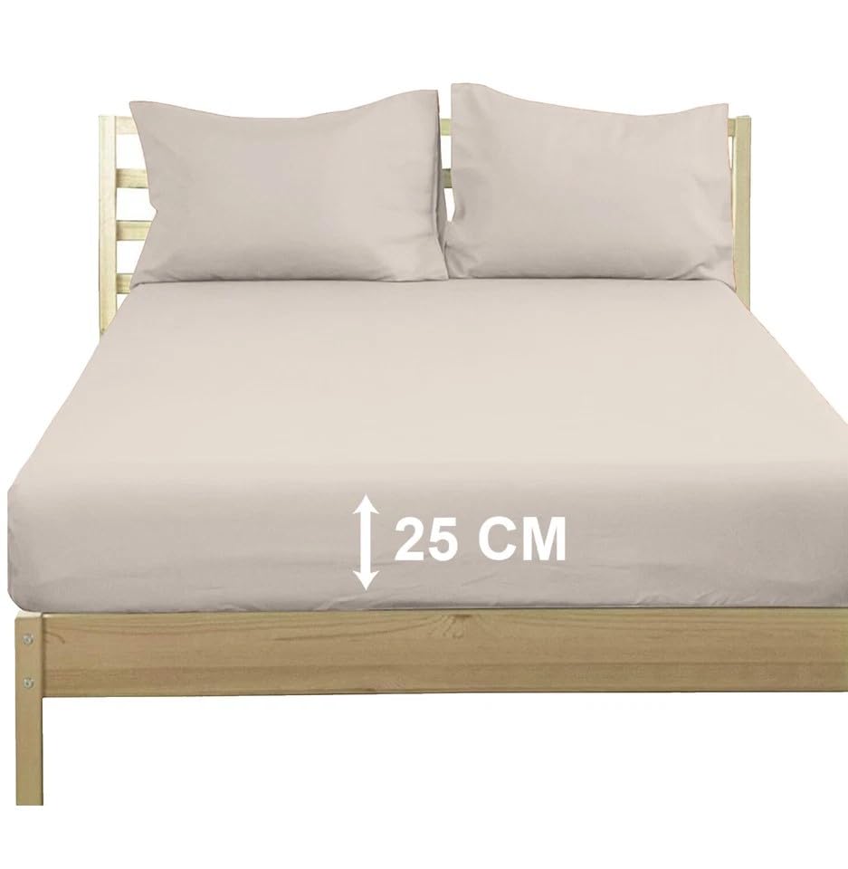 Extra Deep 25 cm Poly‑Cotton Fitted Sheet - 100 % Poly‑Cotton Bed Sheet Easy Fit - Soft, Durable & Wrinkle-Resistant Bedding (Beige, King)