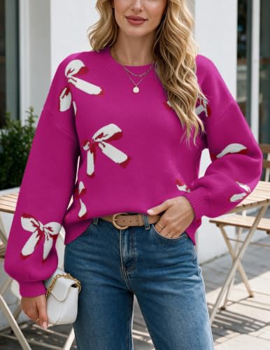 Image of Libsorge Womens Oversized Cute Bows Crewneck Pullover Sweater | Fall Winter Trendy Long Shoulder Balloon Sleeve Cozy Knit Baggy Printed Dressy Casual Valentines Day Vintage Sweaters