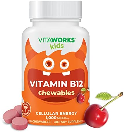 VitaWorks Kids Vitamin B12 1000 mcg Chewable Tablets - Tasty Natural Cherry Flavor - Vegan, GMO-Free, Gluten Free, Nut Free - Dietary Supplement - Cellular Energy Vitamins for Children - 120 Chewables