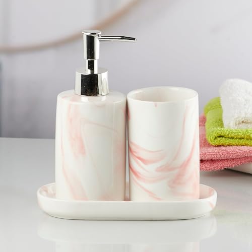 Image of SaSaSa Ceramic Bathroom Set of 3 Modern Bath Accessories Kit with Soap Dispenser, Toothbrush Holder & Dish - Stylish & Elegant Bathroom Decor, White /Pink (7648)