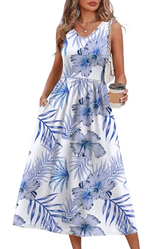 OFEEFAN Summer Dresses for Women 2026 Flowy Casual Midi Dress V Neck Beach Vacation Sundresses with Pockets