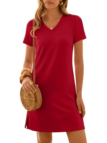 ANRABESS Summer Dress for Women 2026 Vacation Clothes Short Sleeve V Neck Casual Wrinkle-Free T Shirt Sundress Travel Holiday Red Large