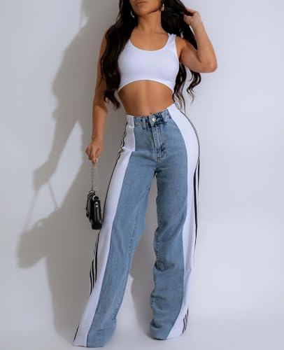 Women's Wide Leg Jeans High Waisted Stretch Patchwork Color Block Stripes Loose Straight Baggy Denim Pants2