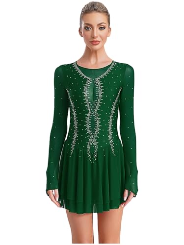 Fldy Damen Eiskunstlauf Kleid Glitzer Langarm Tanzkleid Trikot Mit Strass Mesh Patchwork Rhythmische Gymnastik Eislaufen Kostüm Grün S