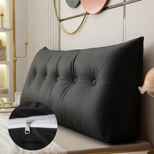 Treer Almohada Triangular con Cuña Triangular para Respaldo, Antiincrustante Almohada de Lectura de Cabecera, Cojín de Apoyo Lumbar, Cojín de Posicionamiento para Sofá (Negro,60x50x20cm)