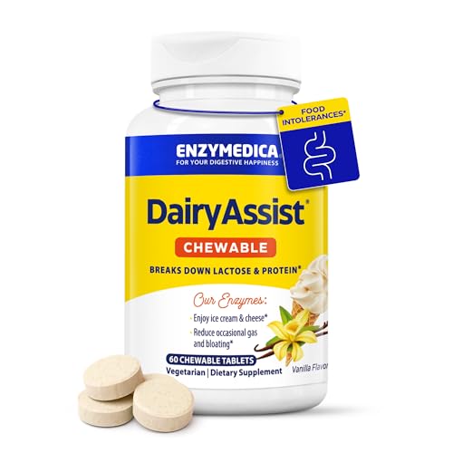Image of Enzymedica DairyAssist Chewable Enzymes for Men & Women - 60 Tablets | Lactose Intolerance Support Supplement with Lactase Enzyme, Breaks Down Milk & Dairy, Helps Reduce Gas & Bloating