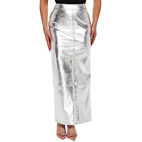 Jupe longue en cuir PU taille haute, le look rétro idéal pour briller lors d'un bal