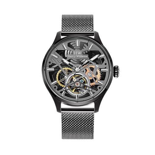Men's Skeleton Mechanical Watches, 3 Hands Automatic Watch, Self-Winding Wristwatch 5ATM Waterproof Graffiti Design Double Sides Hollowed & Precision Engineering (Gun with Stainless Steel Strap)