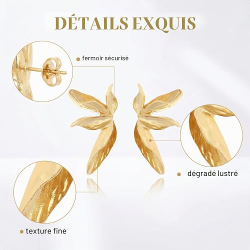 XENQITO 1 Paires Boucles D'oreilles Femme Fleur, Grosses Boucle D'oreilles Or, Élégant Earrings Feuille en Forme D'éventail, Exquis Earrings Dorado en Métal Hypoallergénique Bijoux pour Filles – vue 6