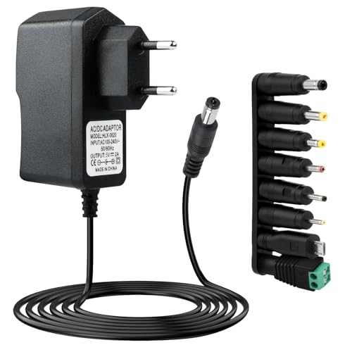 Alimentation 5V 2A, Adaptateur Secteur AC 230V vers DC 5V 2000mA 1000mA 500mA 5.5 * 2.1mm avec 8 Fiches Amovibles Multiples, Chargeur AC/DC 100-240v 50-60hz pour LED Routeur CCTV et Appareils