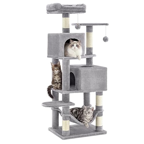 SONGMICS HOME Cat Tree for Indoor Cats Multi-Level Cat Tower with Sisal Scratching Posts Hammock and Condo Light Gray
