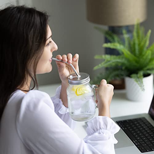 Home Suave Mason Jar Mugs With Handle, Regular Mouth Colorful Lids With 2 Reusable Stainless Steel Straw, Set Of 2 (Silver), Kitchen Glass 16 Oz Jars,Refreshing Ice Cold Drink & Dishwasher Safe #TOP1