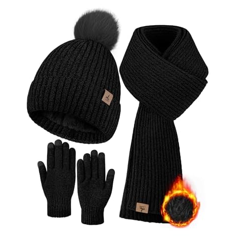 Winter Warm Hat Scarf and Touch Screen Gloves Set, Knitted Pom Beanie Hat Neck Warmer Long Scarf Winter Gloves for Women Men Cover