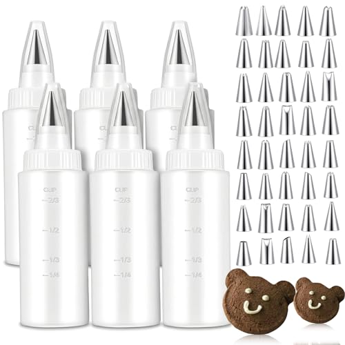 6 Pcs Piping Bottles for Icing Cookie Decorating Supplies Plastic Squeeze Bottles with 48 Pcs Different Piping Tips for Cookie Icing Kit Pancake Squeezing Applicator Writer (4 oz)