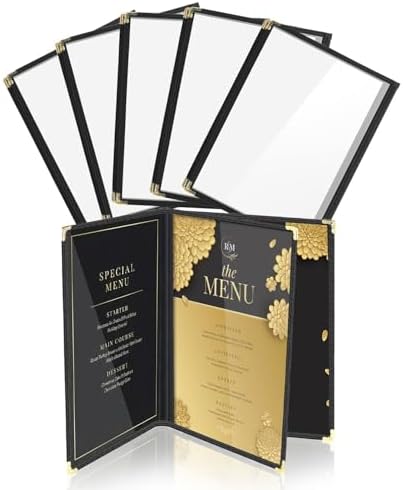 Flexzion Restaurant Menu Covers 8.5 x 11 Inch (6 Pack) - Book Style Bar Menu Holder with 3 Page 6 View - Transparent Clear Menu Book Covers with Gold Metal Corner for Restaurant, Hotel, Cafe
