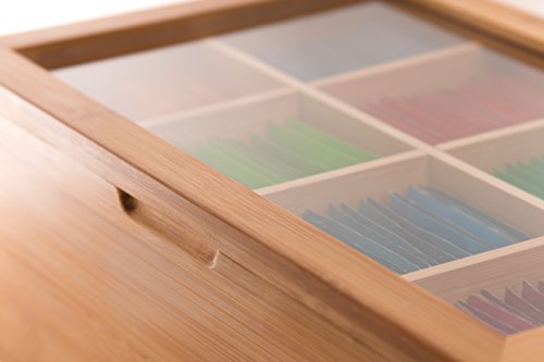 Randomgrounds 100% Bamboo Tea Box Storage Organizer, Taller Size Holds 120+ Standing Or Flat Tea Bags, 8 Adjustable Chest Compartments, Natural Wooden Finish #TOP1