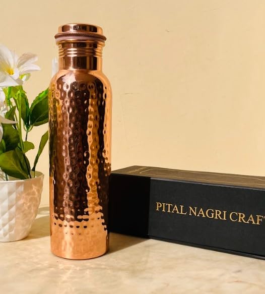 Premium Copper Water Bottle - 1 Litre | Copper Small Hammered Finish | Leak Proof - Purity Certified Copper| Drinking Vessel - Everyday Use For Office/Home/Traveling/Gifting