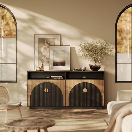 BELLEZE 65 Inch Fluted TV Stand, Mid Century Modern Entertainment Center with Storage Cabinets & Open Shelves, Media Console TV Cabinet with Adjustabl