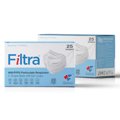 Image of Filtra N95 Mask with Ear Loops | FFP2 Mask with Ear Loops | BIS Certified | 5 Layer N95 Mask | Thick Ear Loops | High Filtration | (Box of 25 Masks)