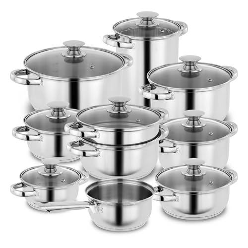 KOPF Juego de ollas Janina de acero inoxidable, utensilios de cocina Juego de ollas de cocina de inducción con escala interior y juego de platos con borde de vertido, 19 piezas