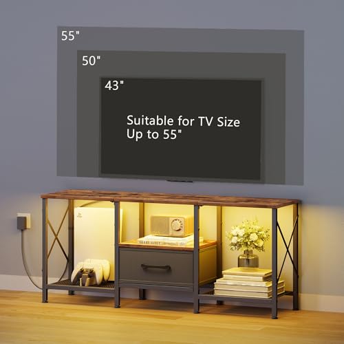 LED TV Stand with Fabric Drawer, Entertainment Center for 50 55 Inch TV, Industrial TV Console Table with Open Storage Shelves for Living Room, Bedroom, Rustic Brown - Image 3