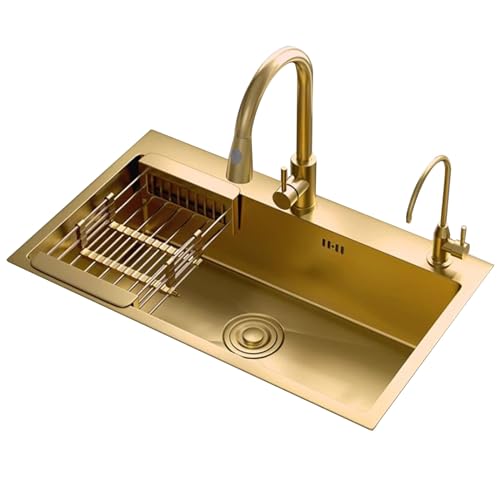 Fregadero de acero inoxidable dorado para cocina con cesta de drenaje, lavabo para lavavajillas para cocina, apartamento, restaurante, fregaderos de un solo seno de varios tamaños, fregaderos para pi