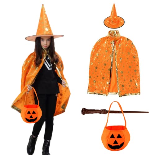 Yuragim Costume d'Halloween pour enfant, sac à bonbons citrouille, baguette magique, cape et chapeau magique, costume d'Halloween pour garçons filles cosplay, fête à thème, carnaval, Halloween Cover