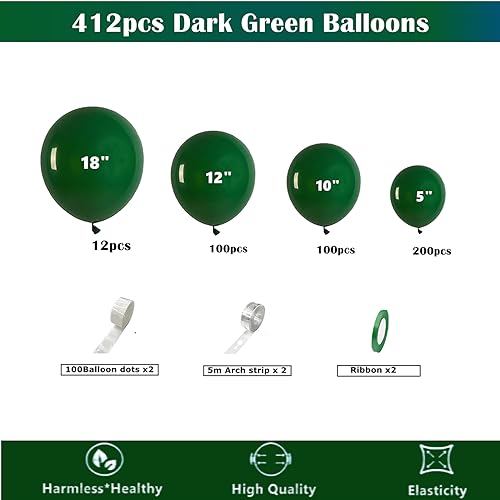 Image of 412pcs Dark Green Balloons 18 12 10 5 Inch Dark Green Balloon Garland Arch Kit Different Sizes Matte Latex Balloons for Baby Shower Green Theme Birthday Summer Jungle Forest Party Decoration