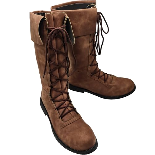 Image of JUNQIAKO Mens Renaissance Boots, Medieval Lace Up Cosplay Boot, Western Pirate Viking Gothic Halloween Shoes