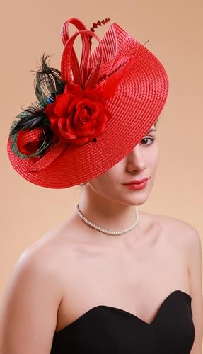 Cizoe Tea Party Hats Fascinators for Women Derby Headpiece Peacock Feather Wedding Headware Bridal Headpiece(red) - Thumbnail 4