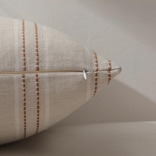 Image of Hckot Fall Throw Pillow Covers 12x20 Set of 2 Striped Pillow Covers Textured Linen Decorative Pillows Square Cushion Covers for Sofa Couch Bed Living Room Farmhouse Decor(Caramel)
