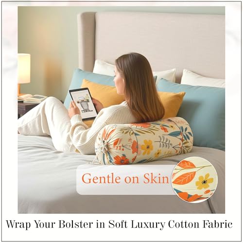 Image of GLUN Pack of 4 Multicolour Flower Printed Round Bolster Pillow Covers, Size 16 inch x 30 inch (40 x 75 cm, Cream) Printed Polyester Silk Fabric for Living Room or Bedroom, Stylish & Modern Covers